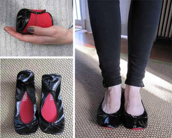 У комплект звернутій взуття FootzyRolls входить мішечок, призначений для взуття на каблуках, яку жінки знімають, перш ніж надіти FootzyRolls.